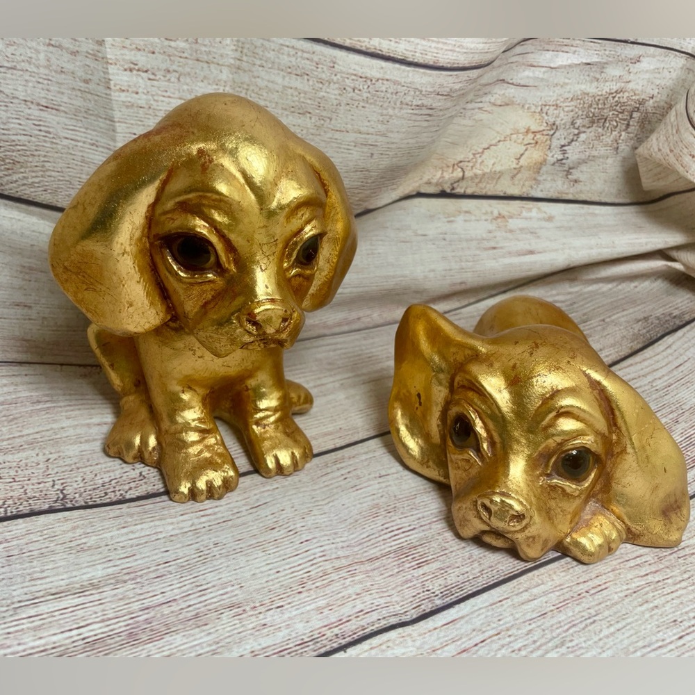 vintage Freeman McFarlin gold leaf dog figurine, R. Hetrick Set of 2 Beagle Pup